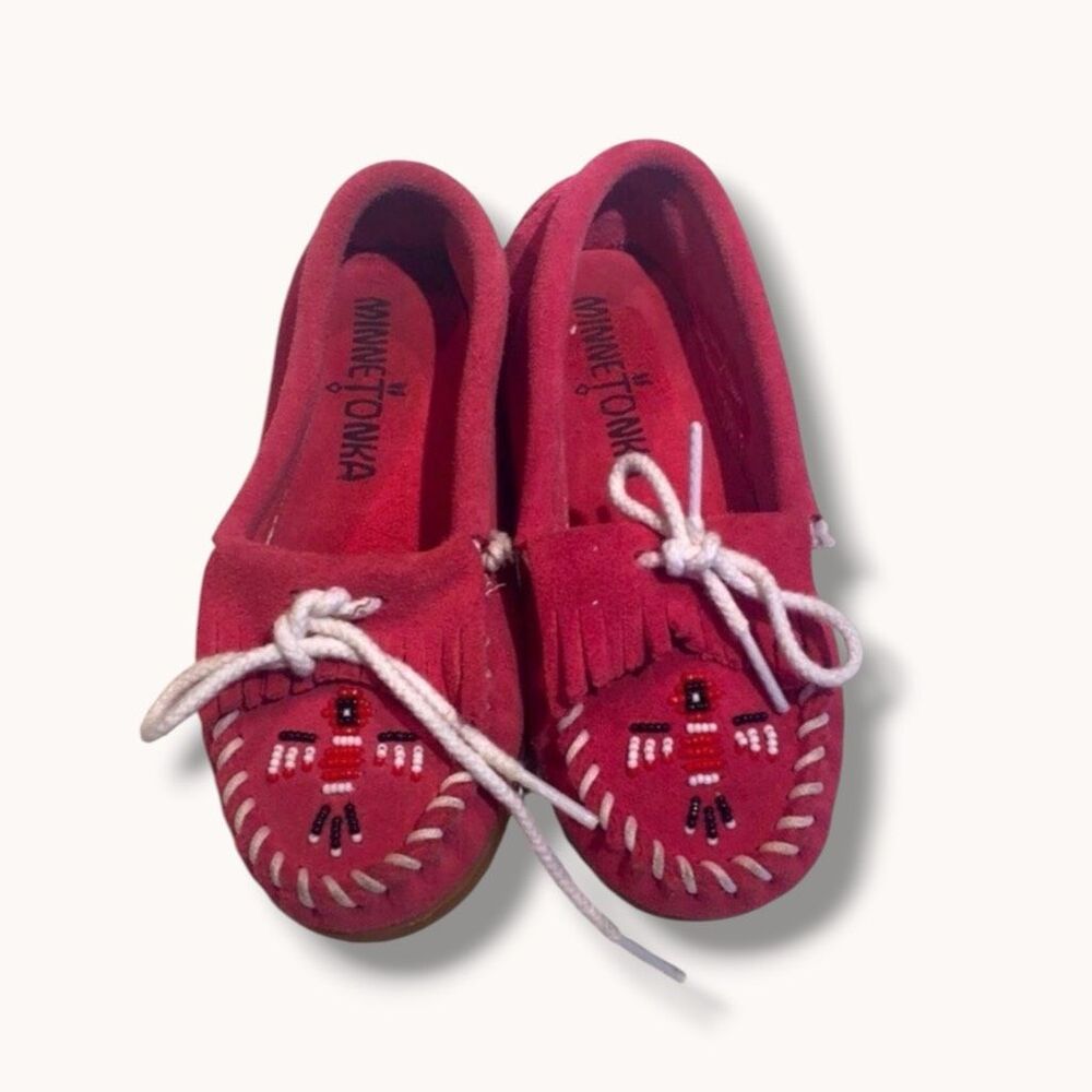 Minnetonka Thunderbird Pink Suede Beaded Moccasins Kids Size 11